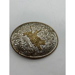 Crumrine Bull Rider Belt Buckle Silver Gold Tone Oval Western Scrollwork J310
